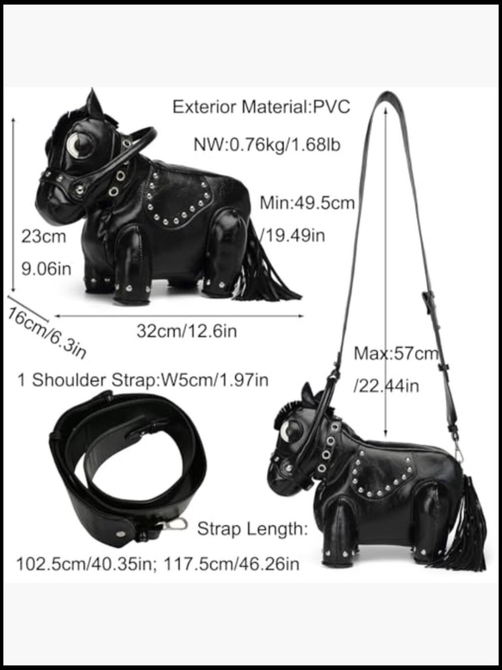 Horse Shaped Crossbody Bag Unique Western Novelty Shoulder Purse Steampunk - Picture 4 of 7